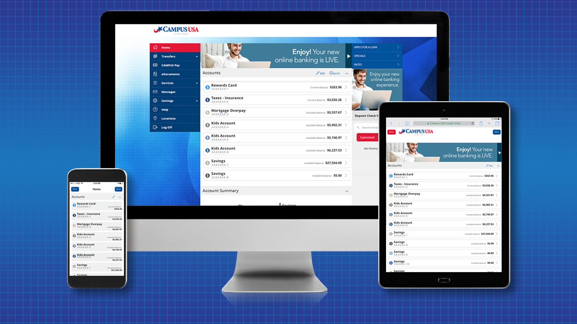 Desktop, tablet and mobile banking